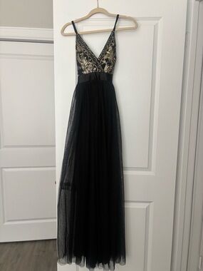 Black Tulle Evening Gown with Gold Embellished Bodice